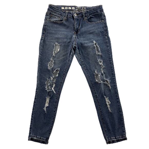 SONG Jeans Womens Size 9 Blue Curvy Skinny Ankle Mid Rise Moro Distressed Denim - Picture 1 of 16